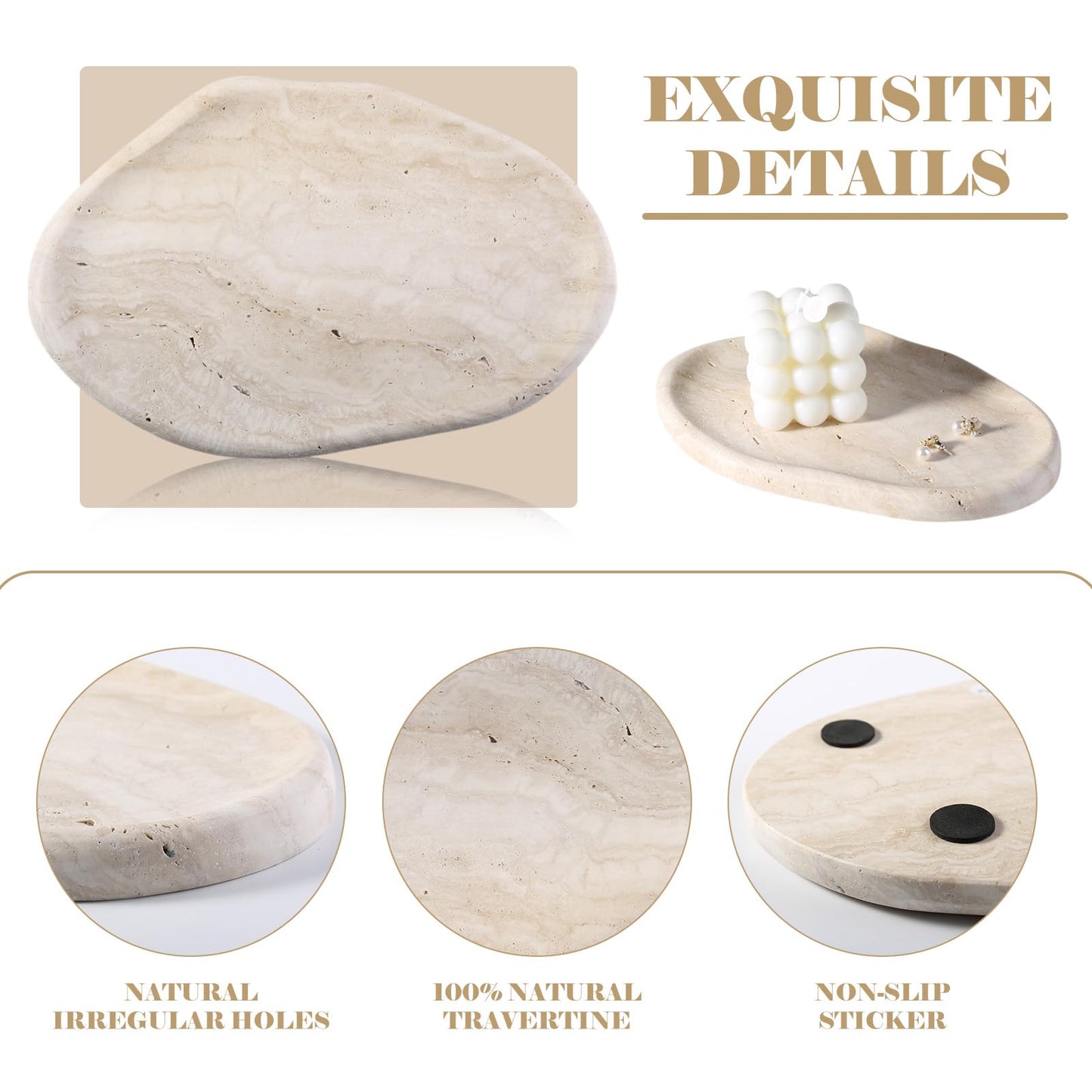 BCS Marble Jewelry Tray Trinket Dish, Decorative Cloud Vanity Key Tray for Women, Perfume Ring Holder Dish for Ring Earring, Cute Jewelry Plate Bowl Aesthetic Room Decor（Beige Travertine）