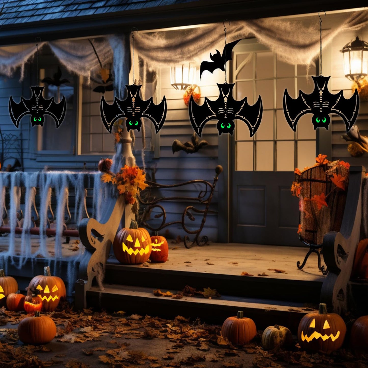 3pcs Metal Hanging Bats Outdoor Halloween Decorations,Black Bat with Glow in The Dark Eyes for Indoor/Outdoor,Halloween Decor