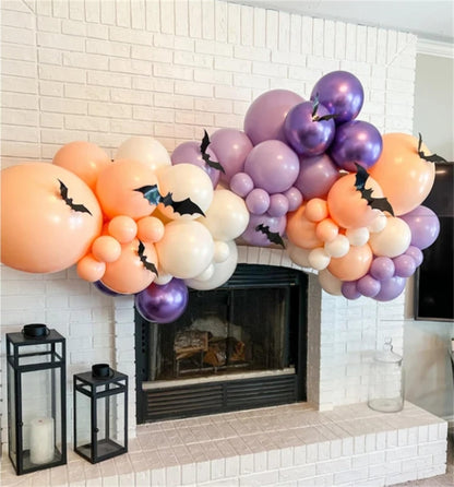 Halloween Balloons Garland Kit, 111 PC Purple Nude Cream Balloons with Cute Ghosts & 3D Bats, Beige & Metallic Purple for Girls' Party Decorations