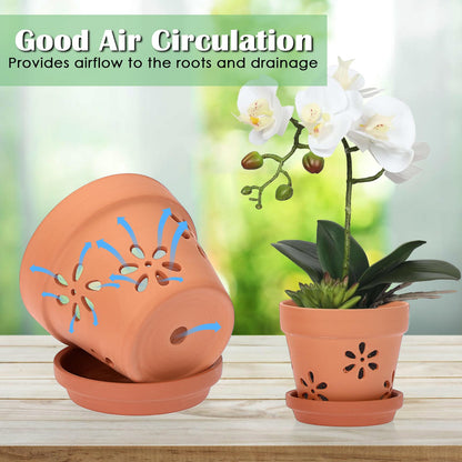 JUXYES Pack of 3 Small Terracotta Orchid Pot with Holes and Saucers, 6 Inches Clay Orchid Planter Pots for Repotting, Plant Flower Pots for Orchid Indoor and Outdoor Promotes Air Circulation
