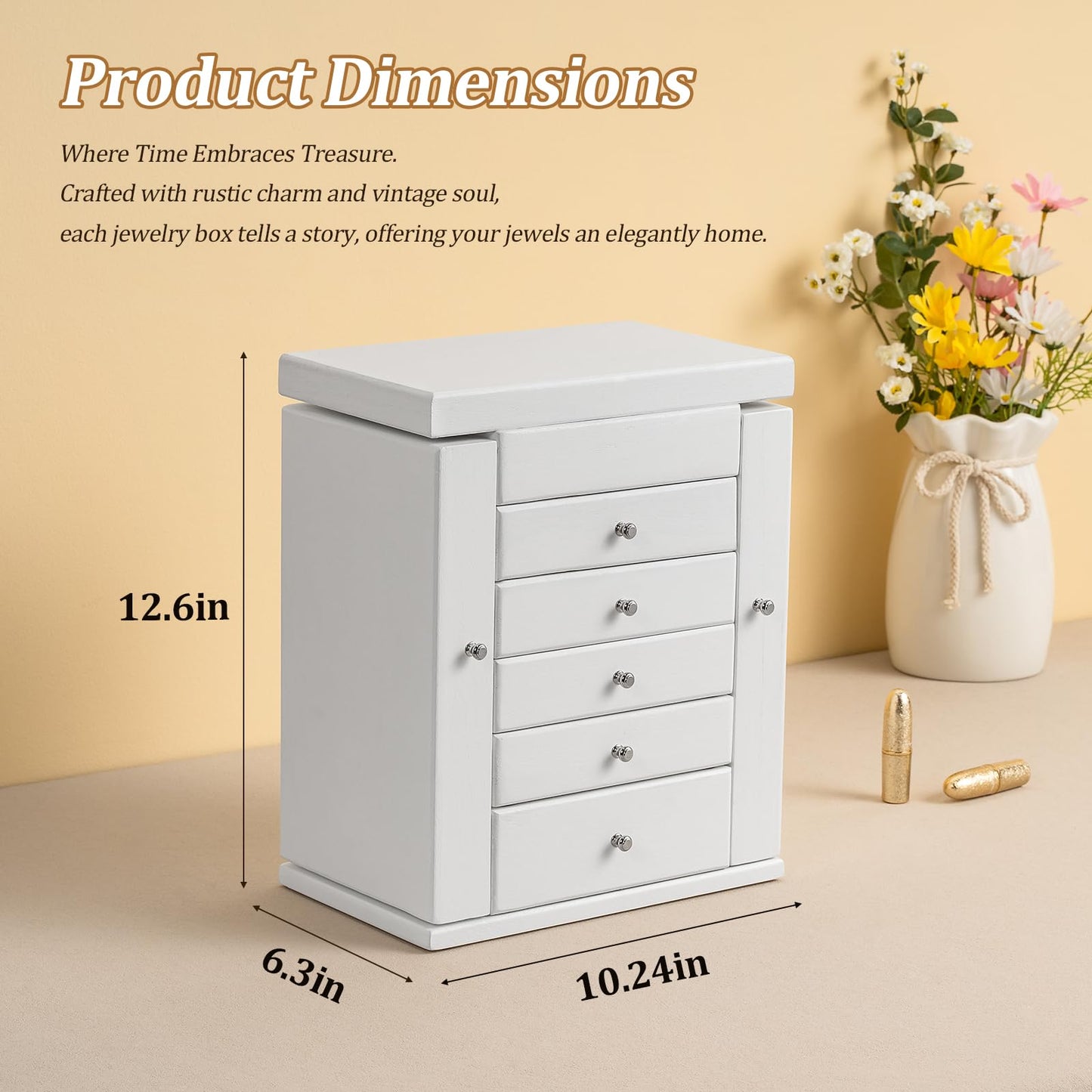 Emfogo Wooden Jewelry Box for Women, 6-Tier Large Jewelry Organizer Boxes with Mirror Rustic Solid Wood jewlery Storage for Rings Earrings Necklaces Bracelets watches(White)