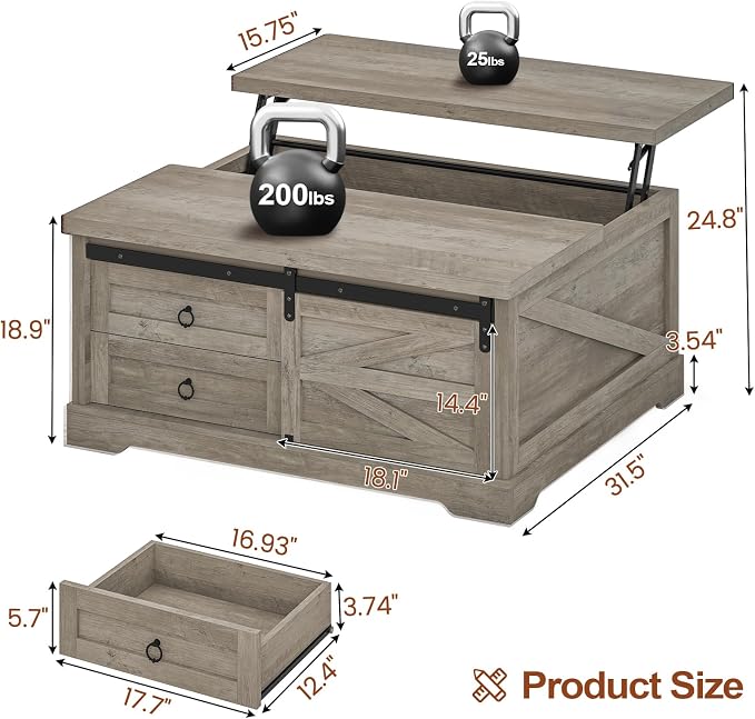 Itaar 39.4'' Lift Top Coffee Table with Storage, Farmhouse Coffee Tables for Living Room, Square Coffee Table with Large Hodden Compartment & 2 Drawrs & Adjustables Shelves (Gray)