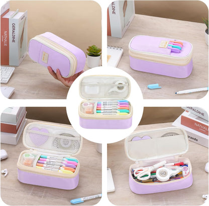 Pencil Case Aesthetic Pencil Bag with Zipper Pencil Pouch Big for Girls Kids Teens Adults Stationery Pencil Case Organizer for School Purple
