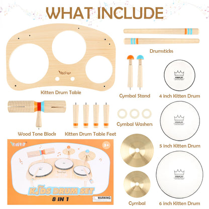 Kids Drum Set for Toddlers 3+, 8 in 1 Montessori Musical Instruments - Wooden Musical Toys for Baby Easter Christmas Birthday Gifts for Preschool Learning Music for Boys Girls Age 3 4 5 6