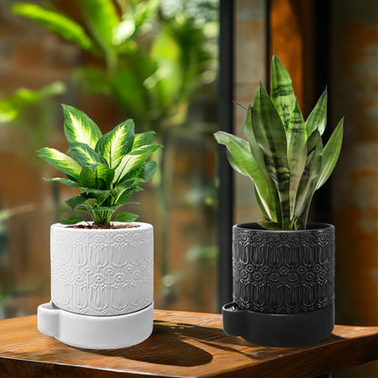 AmiCera Ceramic Plant Pots, Ceramic Outdoor Planters with Drainage Holes, Modern Planters for Indoor Plants, Black Flower Pot Relief Design, Decorative Gardening Gift for Plant Lover, 5.5 Inch