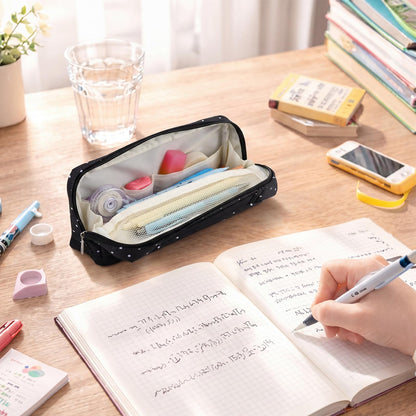 Gueevin Large Capacity Pencil Case Polka Dot Pen Pouch with Multiple Compartments Foldable Portable Pencil Case Black White Stationery Organizer Bag for Adults (Black)