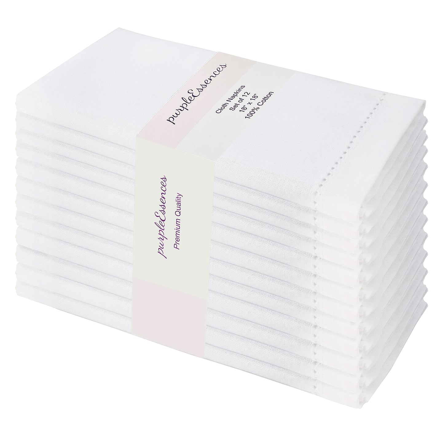 PurpleEssences Set of 12 Hemstitch Cloth Dinner Napkins 100% Cotton - Soft Durable Washable - Ideal for Wedding Spring Easter Summer - Perfect Everyday Use Table Linen 18x18 - White