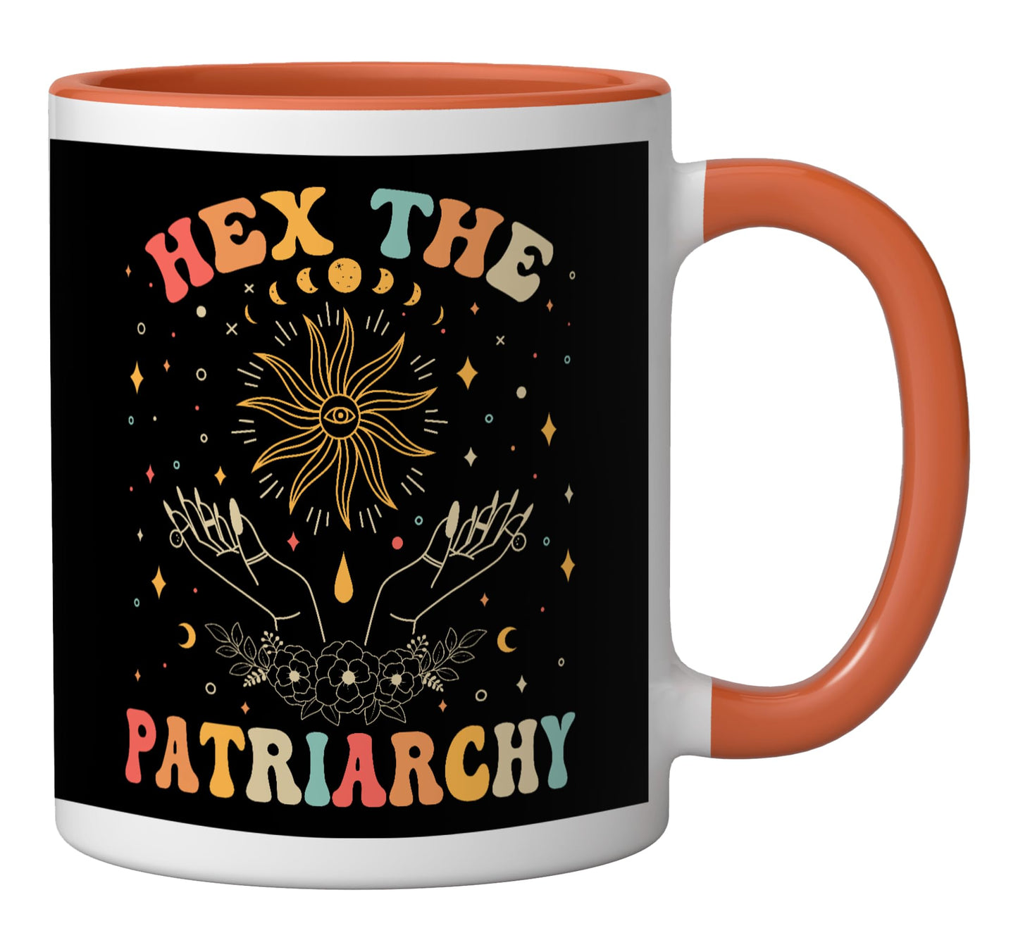Feminist Witch, Hex The Patriarchy Halloween Witch Vibes Ceramic Mug, Orange/White