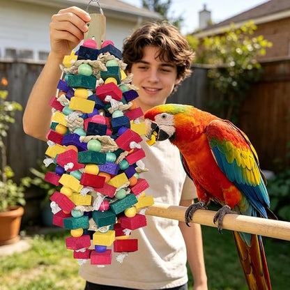 Bird Toys for Large Parrots Colorful Natural Wood Block Parrots Chew Foraging Toys for Bird Cages Cockatoos, Macaws, African Greys, and Amazons