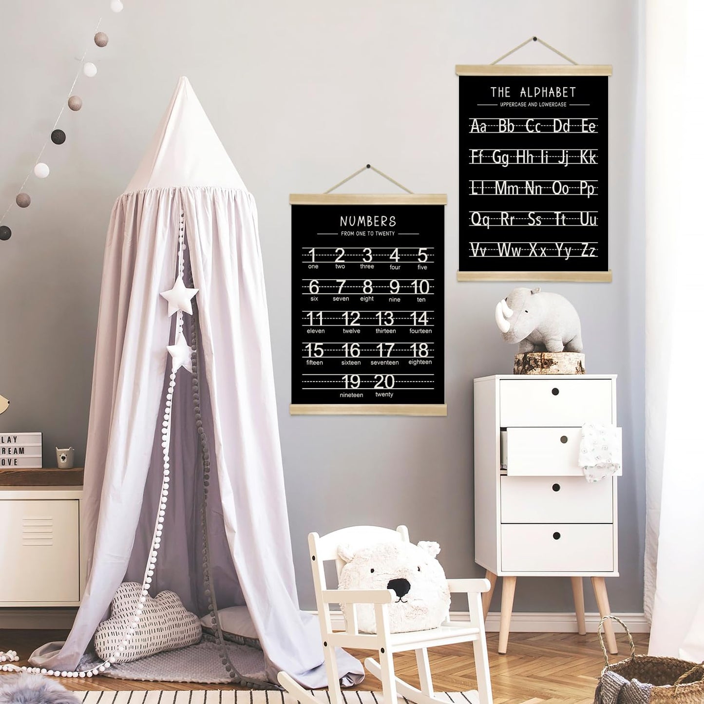 Alphabet and Numbers Wall Chart Set of 2,Toddlers Educational Canvas Print Posters,Alphabet and 1-20 Number Learning Banners for Toddlers, Preschool Classroom, Nursery, Playroom,Kids Room Decor14 x 18.5 In(Black and white)