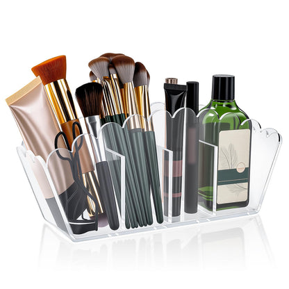 Novacrylion Scalloped Acrylic Pencil Holder with 4 Compartments - Clear Desk Organizer for Pens, Makeup Brushes, Remotes - Modern Office & Vanity Accessory（4-Comp）