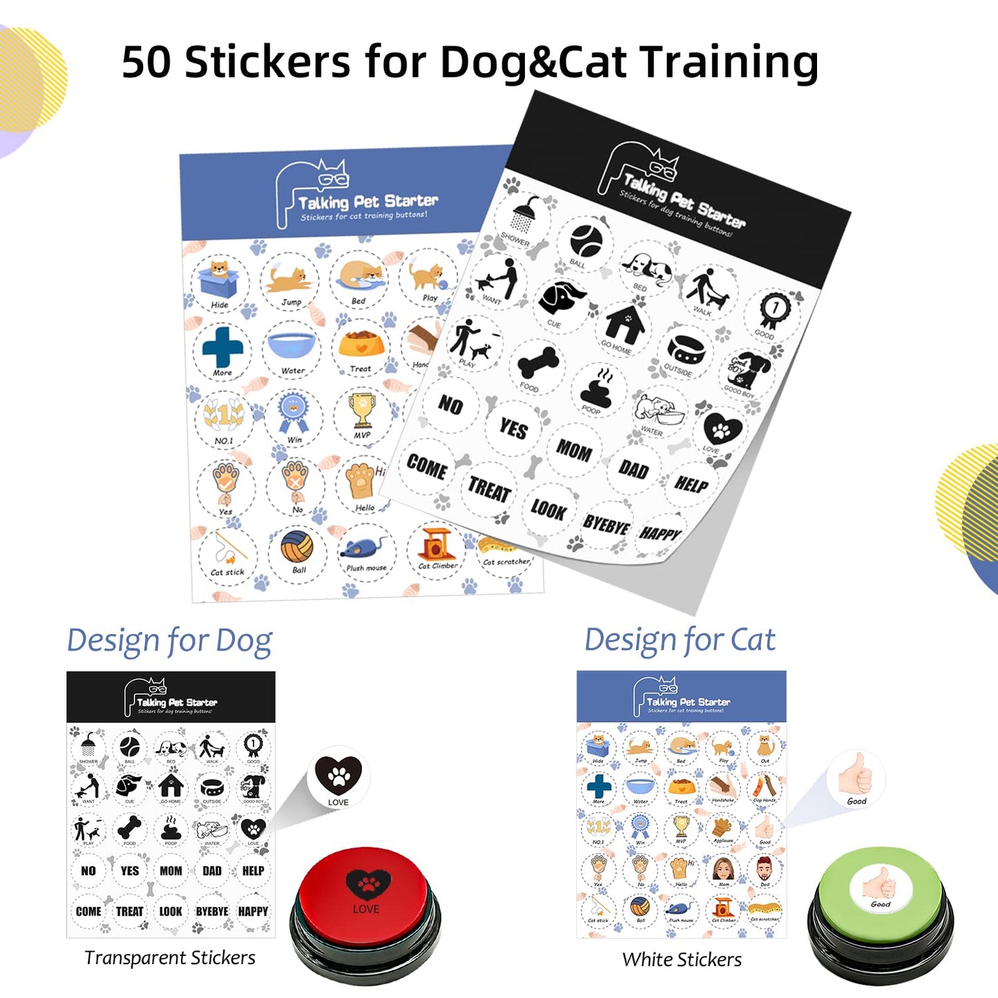Set of 10 Dog Buttons for Communication, Dog Training Talking Buttons Starter Set, Recordable Buttons for Classroom 30-Second HD Recording, 100 Stickers