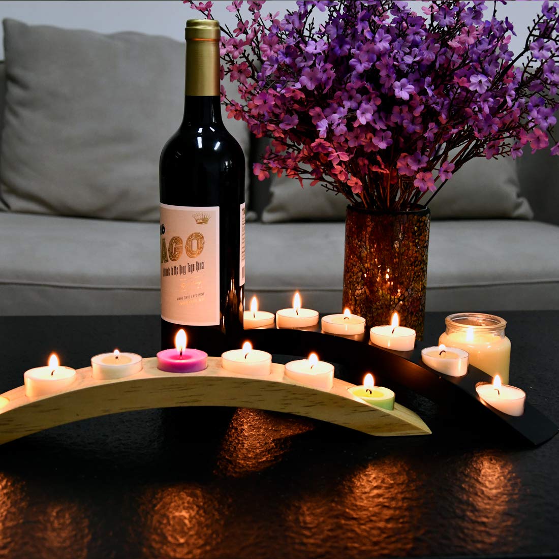 Wooden Bridge Candle Holders 15 inch in Length, Long Tea Light Candle Holders Bar, 7 Candle Seat-Black