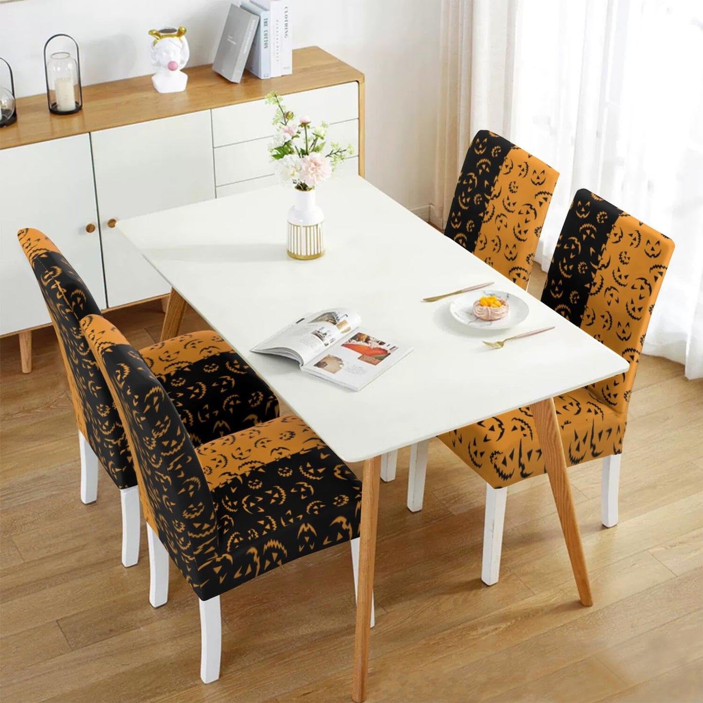 Qeenking 4 Pcs Halloween Dining Chair Covers, Spooky Pumpkin Stretch Removable Washable Seat Slipcovers, Horror Scary Kitchen Dining Room Hotel Decor