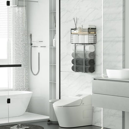 Xstydes Towel Racks for Bathroom, Metal Towel Holder with Storage Basket,Wall Towel Rack for Rolled Towels, Towel Storage for Small Bathroom.