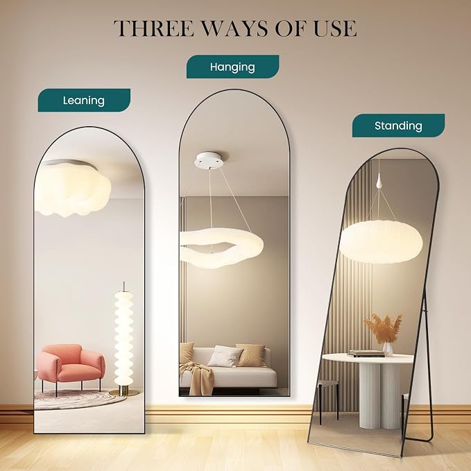 NEWBULIG Arched Mirror Full Length, 64"x21" Full Body Floor Mirrors with Shatter-Proof Glass, Upgraded Standing Wall Mirror, Hanging or Leaning, with Stand Aluminum Alloy Frame for Home Decor, Black