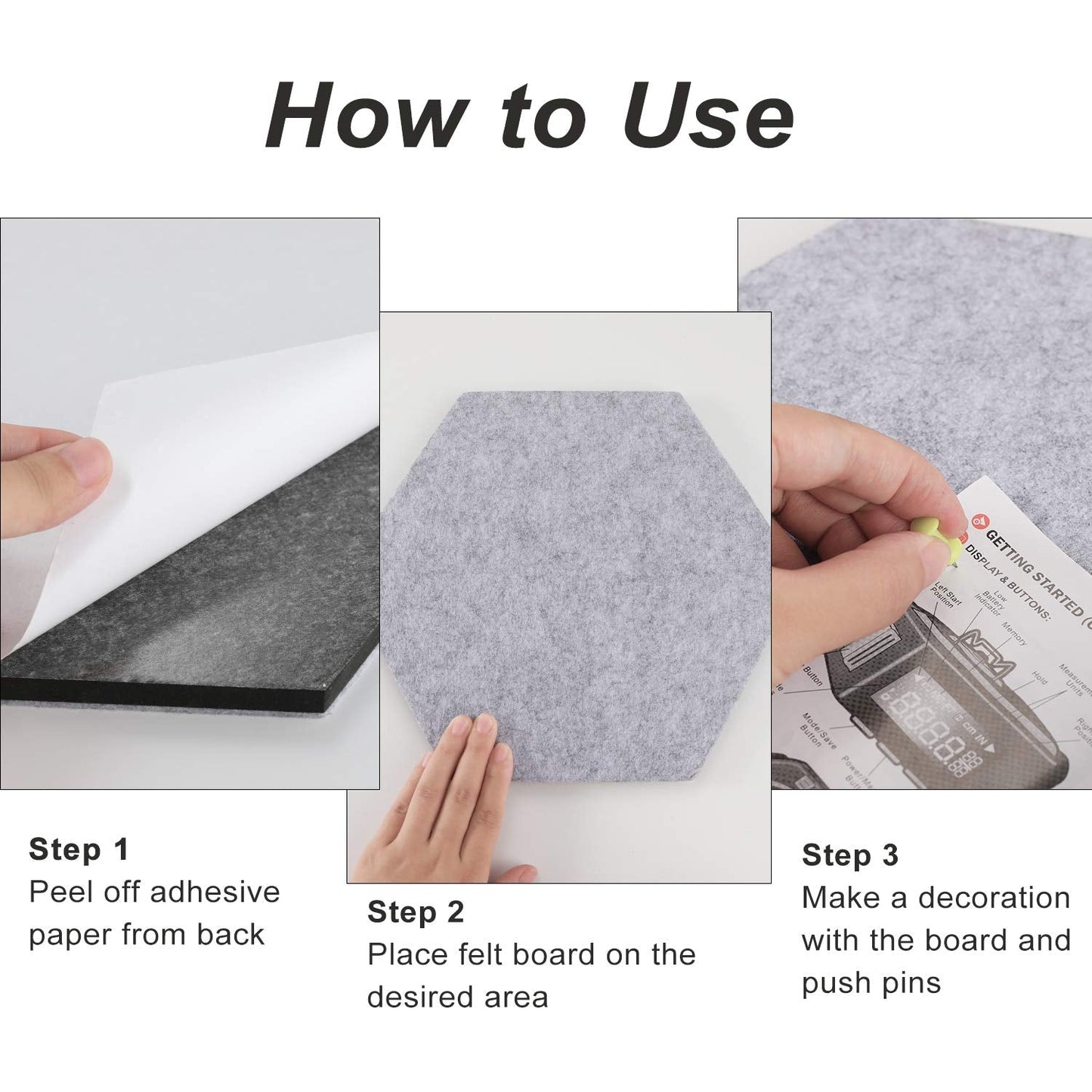 SEG Direct Hexagon Felt Bulletin Board, Large Felt Pin Board Self Adhesive Cork Board for Walls with Push Pins for Wall Office Home School Decor, 11.8 x 10.2 in, 5PCS(Gray/Teal/Yellow)