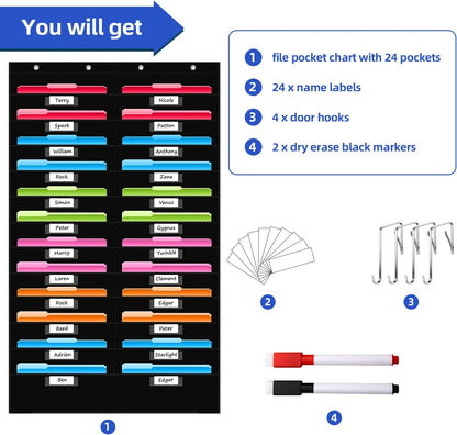 REGELETO 24 Pocket Storage Chart with Nametag Pockets, Hanging Wall File Organizer for Classroom and Office, Black