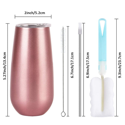 Lifecapido 6 Pack Stemless Double Insulated Champagne Flute Tumbler with Lid, 6 Oz Unbreakable Reusable Cocktail Champagne Toasting Glasses, Good Gift for Friends Family Christmas Birthday, Rose Gold