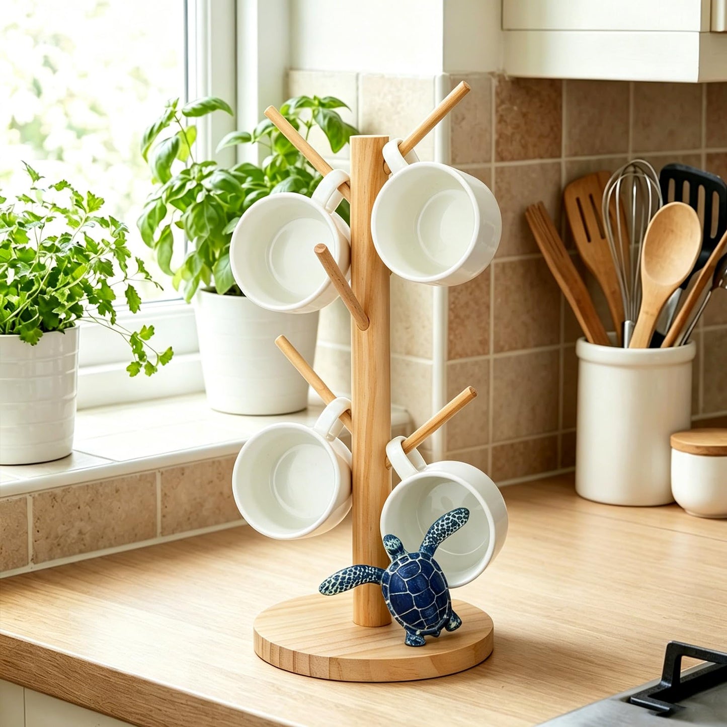 Gerrii Turtle Mug Holder Tree Coffee Cup Holder with 6 Hooks - Modern Farmhouse Turtle for Coffee Bar Accessories - Cute Gifts for Women Mom Grandma - House Warming Gifts New Home