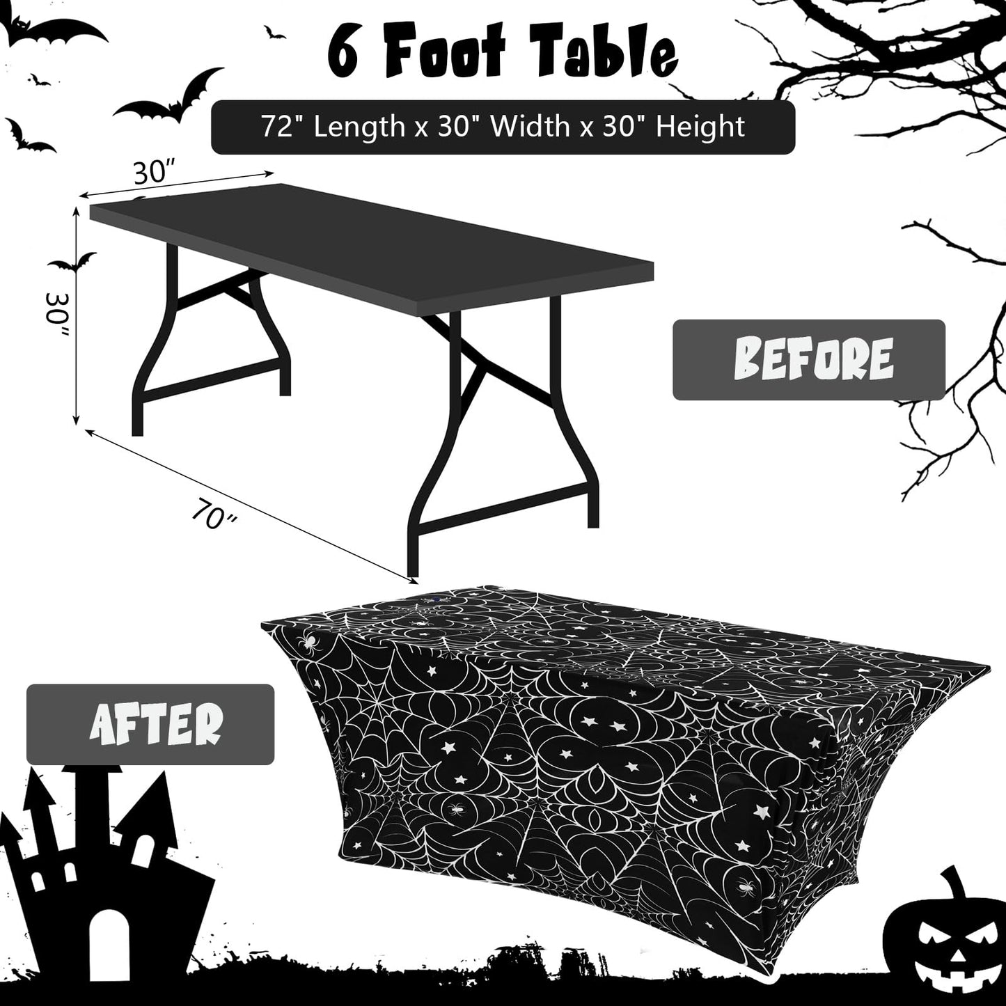 Oudain 2 Pcs Halloween Stretch Table Cover 6 Feet White Black Spider Web Spandex Table Clothes Gothic Spider Cobweb Scary Party Decorations for Halloween Home Decorations Party Celebration