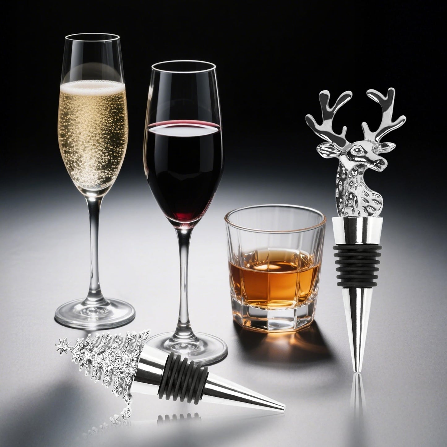2Pack Christmas Wine Stopper, Elk & Christmas Tree Shape Decorative Wine Bottle Stopper, Food-Grade Silicone & Zinc Alloy Airtight Wine Cork for Wine Champagne, Xmas Party Home Bar Holiday Gift Silver