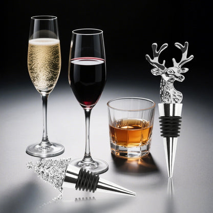 2Pack Christmas Wine Stopper, Elk & Christmas Tree Shape Decorative Wine Bottle Stopper, Food-Grade Silicone & Zinc Alloy Airtight Wine Cork for Wine Champagne, Xmas Party Home Bar Holiday Gift Silver