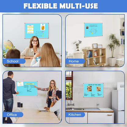 WALGLASS Magnetic Whiteboard 24"x18" Dry Erase White Board for Walls with Pen Tray, Aluminium Frame and Dry-Wipe Writing Surface for School, Home, and Office (Blue)