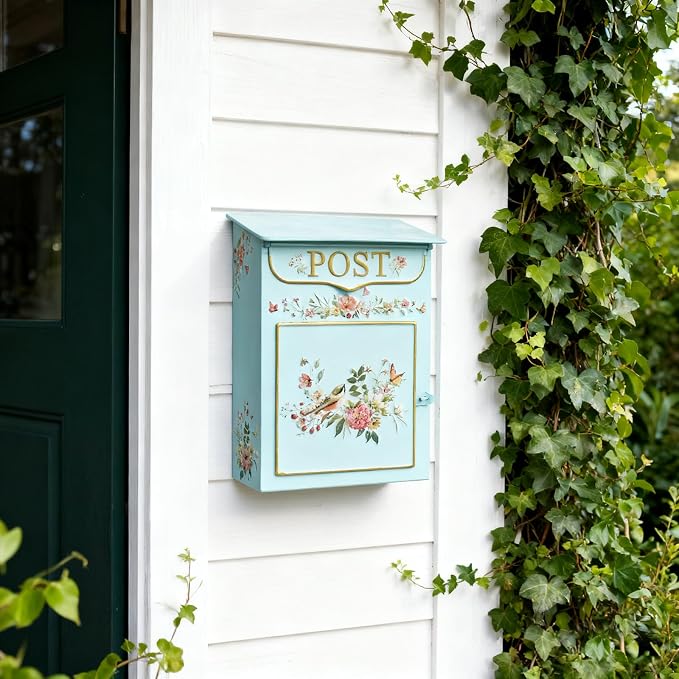 Mailbox Wall Mount Mailboxes for Outside Vintage Mail Boxes for House Outside Metal Drop Box Antique Style Nostalgic Charm Home Decorative, Flower Pattern Blue