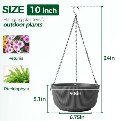 T4U 10 Inch Hanging Planters for Indoor Outdoor Plants, Hanging Plant Pot Pack of 2, Self Watering Hanging Pots with Drainage Hole & Plug & Chain with 3 Hooks for Garden Home Decor, Grey