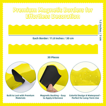 30 Pcs Magnetic Borders for Classroom Whiteboard - Yellow Magnetic Bulletin Board Border Set - Scalloped Chalkboard Border Strips for Teachers, Parents, DIY Home,School & Office Decoration