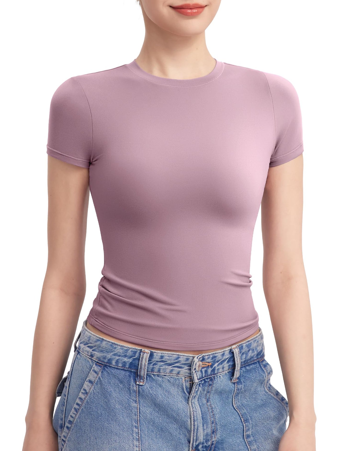 PUMIEY Women's Crew Neck Basic Tops Double Lined Slim Fit T Shirts Sexy Basic Tee, Mauve X-Large