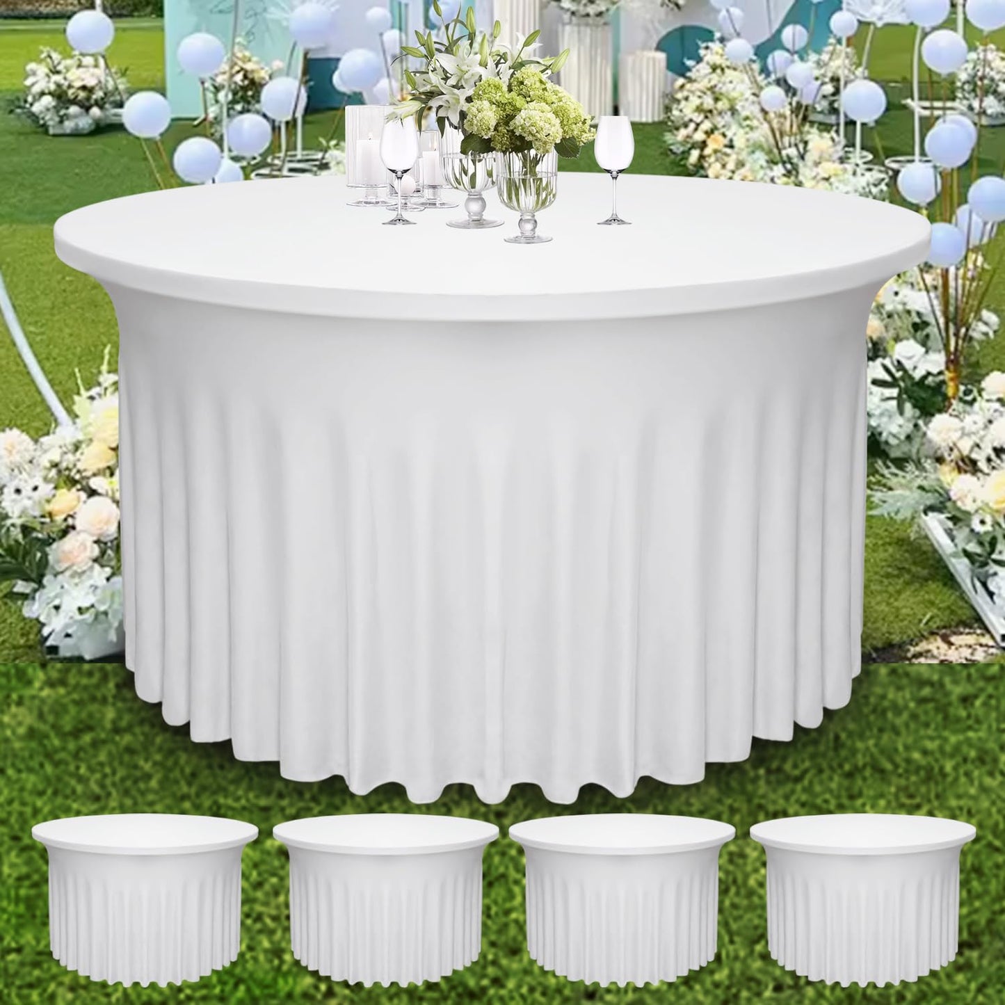 Yoquare 4 Pack White Round Table Skirt, 48 Inch Diameter x 30 Inch Height, Stretch Polyester Spandex Tablecloth for 4ft Round Tables, Stain & Wrinkle Resistant for Wedding, Party, Banquet Decor