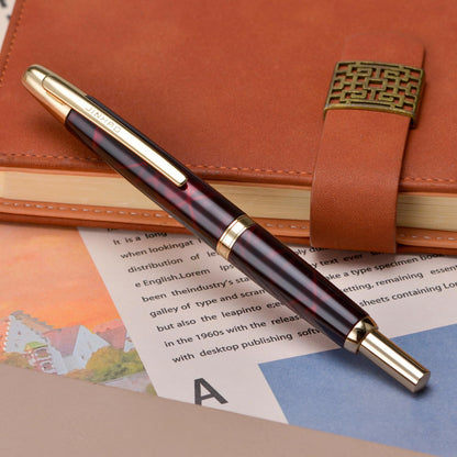 Jinhao 10 Press Fountain Pen with Box, Marble Red Retractable Extra Fine Nib with Ink Converter Set (Golden Clip)