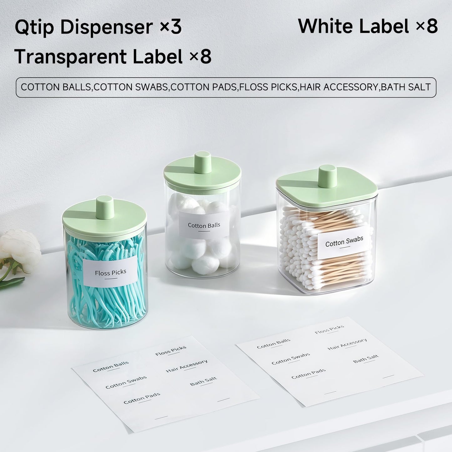 3 Pack Glass Qtip Holder Dispenser- 10 oz Clear Canister Apothecary Jar, Bathroom Vanity Storage Organizer Set for Cotton Swabs, Pads, Floss Picks, Small Containers for Makeup Storage (Green)