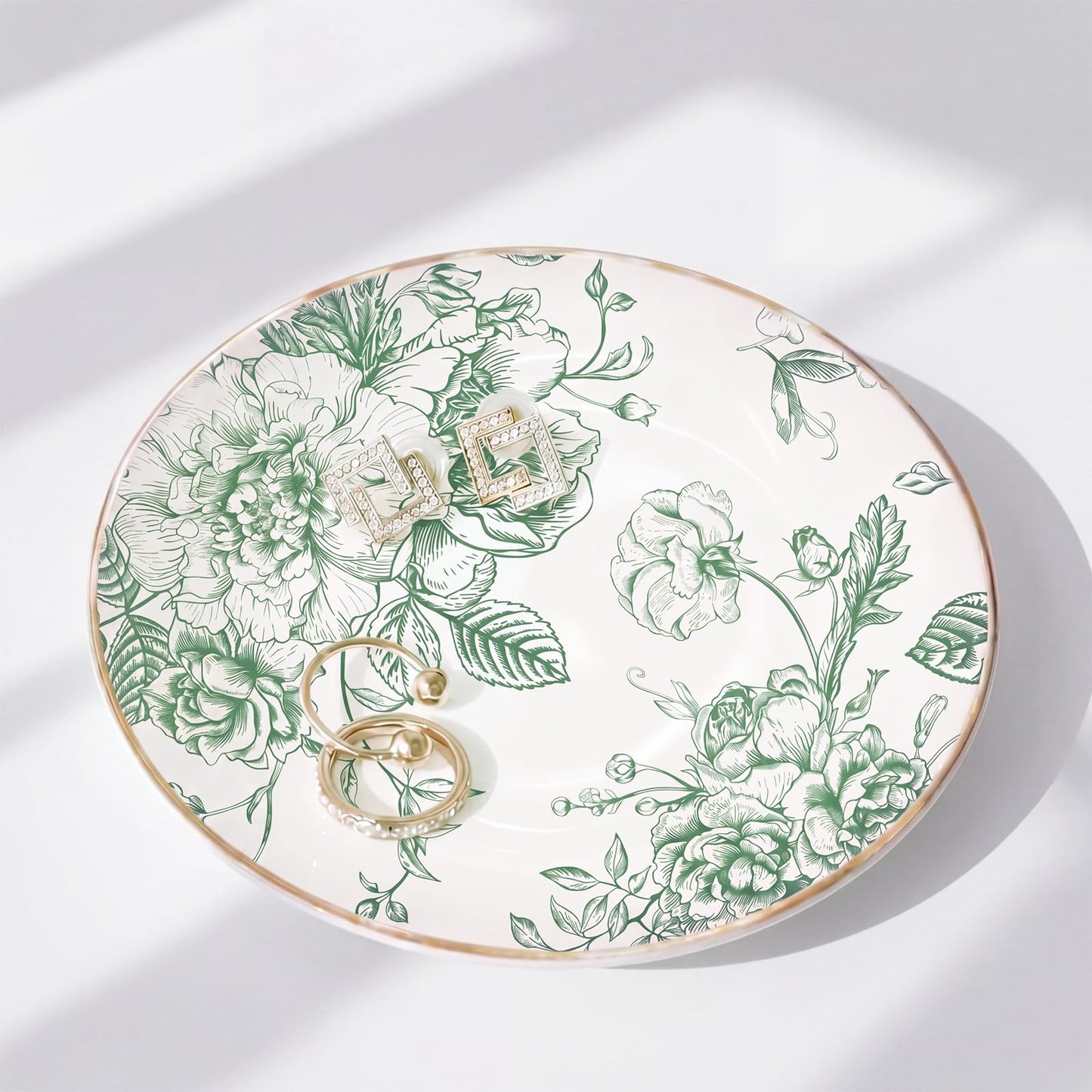 Mifoci Floral Ceramic Jewelry Tray Ring Holder Trinket Dish for Rings Earrings Necklaces Tray Gift for Women Girls(Green)