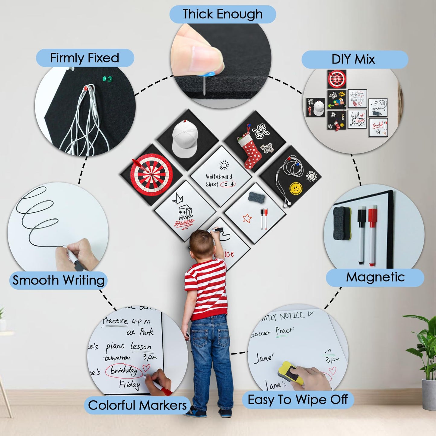 BXI Magnetic Dry Erase Whiteboard & Felt Bulletin Board with Pins Combo, 8 Pcs 12 X 12 X 3/8 Inch Self-Adhesive Vision Display Tiles, Note Memo Panels for Home School Education Office Wall Decor