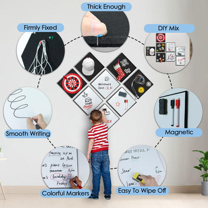 BXI Magnetic Dry Erase Whiteboard & Felt Bulletin Board with Pins Combo, 8 Pcs 12 X 12 X 3/8 Inch Self-Adhesive Vision Display Tiles, Note Memo Panels for Home School Education Office Wall Decor