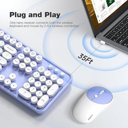MOFII Wireless Keyboard and Mouse Combo, Computer Full Size 2.4G Plug and Play Wireless Typewriter Retro Round Keyboard and Mouse Set for Windows, Computer, Desktop, PC, Notebook - (Light Purple)