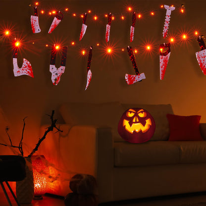 BlcTec Scary Halloween Decorations, 12 FT Halloween String Lights with 16 Fake Bloody Knives & 50 LED Orange Big Bulbs, 8 Modes Battery Operated Bloody Party Supplies for House Décor