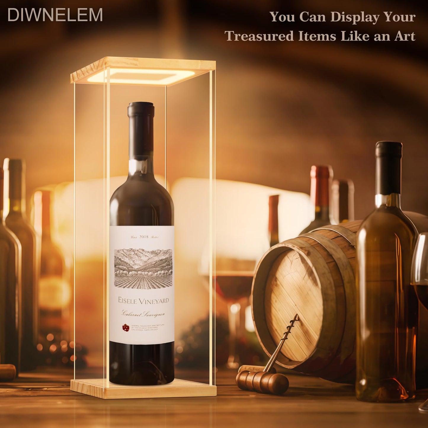 DIWNELEM Wood Acrylic Wine Bottle Display Case with LED Light Acrylic Wine Glass Holder Wine Display Case Dustproof for Red Wine,Champagne,Liquor,Whiskey,Beer,Beverage Bottle (5.1*5.1*14.2")