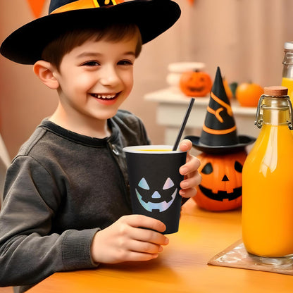 Confettiville Halloween Disposable Paper Party Cups, Bulk 50 Pack, Leak-Resistant, 12 oz Hot and Cold Cups for Restaurants and Parties, Jack-O-Lantern, Black & Silver