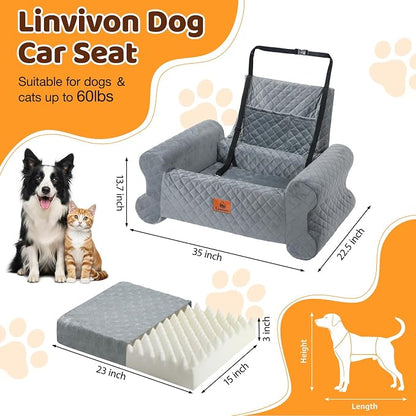 Dog Car Seat for Medium/Large Dogs up to 60 lbs, Pet Car Seat for Back, Memory Foam Dog Booster Seat with Thick Cushion, Detachable Washable Cover, Storage Pockets for SUV, Pick Up, Trunk, Grey