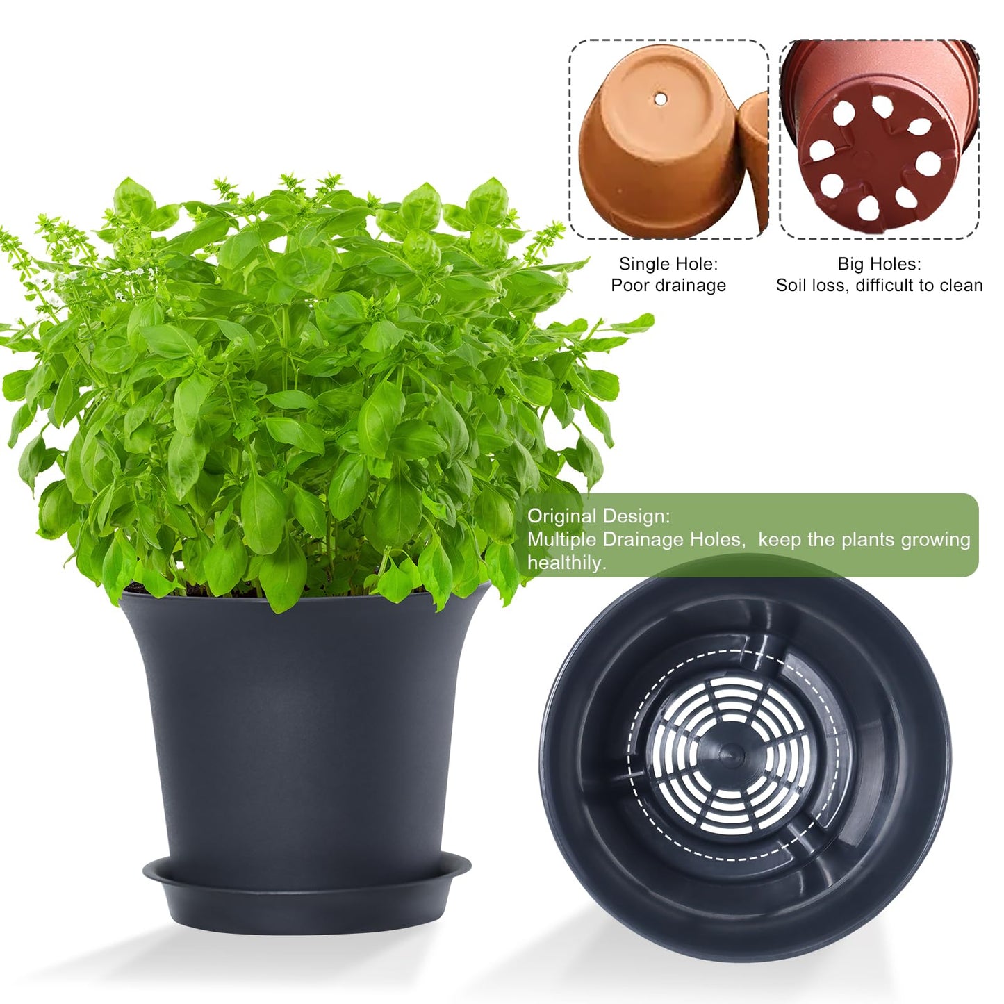 Oliz Planter Pots 8 Packs, 7.2 Inches Flower Pots with Drainage Holes & Trays, Ideal for Succulents, Herbs, Flower, African Violet, Garden Plant Pots for Home Garden Kitchen Decor (Dark Grey-2)