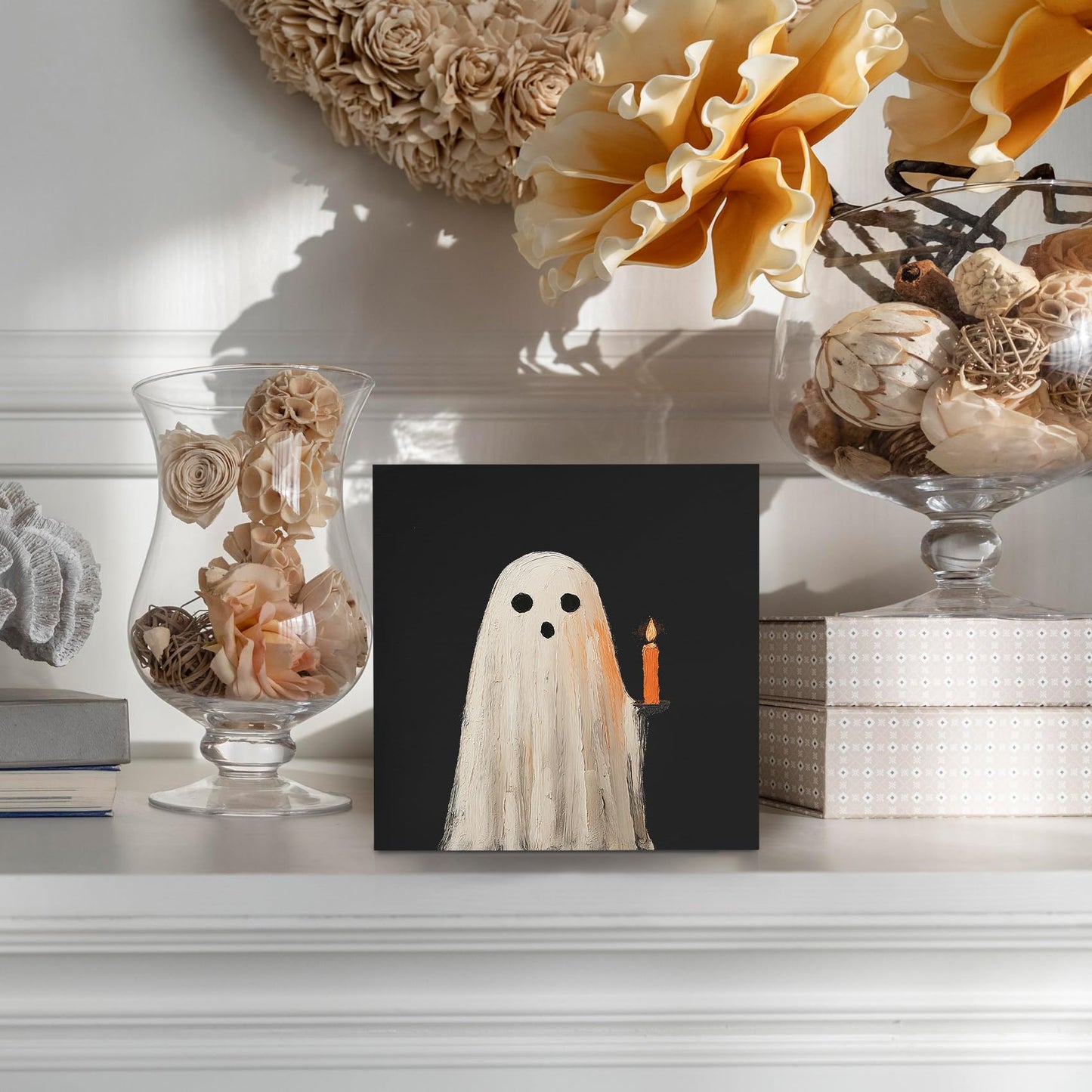 KFXHANGD Halloween Ghosts Wooden Box Sign Desk Decor, Fall Thanksgiving Decoration, Black Fall Ghosts Decoration for Home Office, Black Halloween Ghost Shelf Desk Decor 5x5 Inch