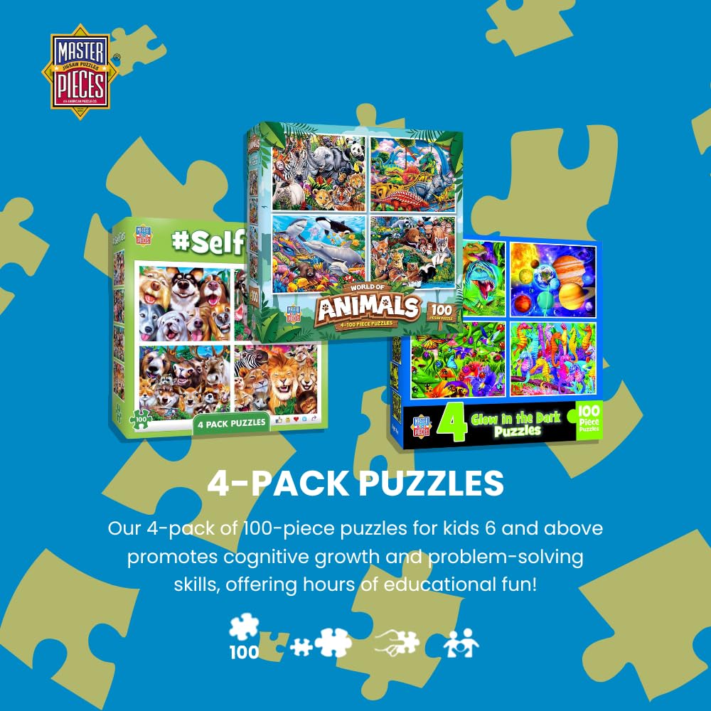 MasterPieces – Jigsaw Puzzle Set for Kids 6+ Years, 4-Pack of 100 Pieces, Educational and Fun Game, Frosty the Snowman Collection, Gift Idea for Children, 8" x 10"