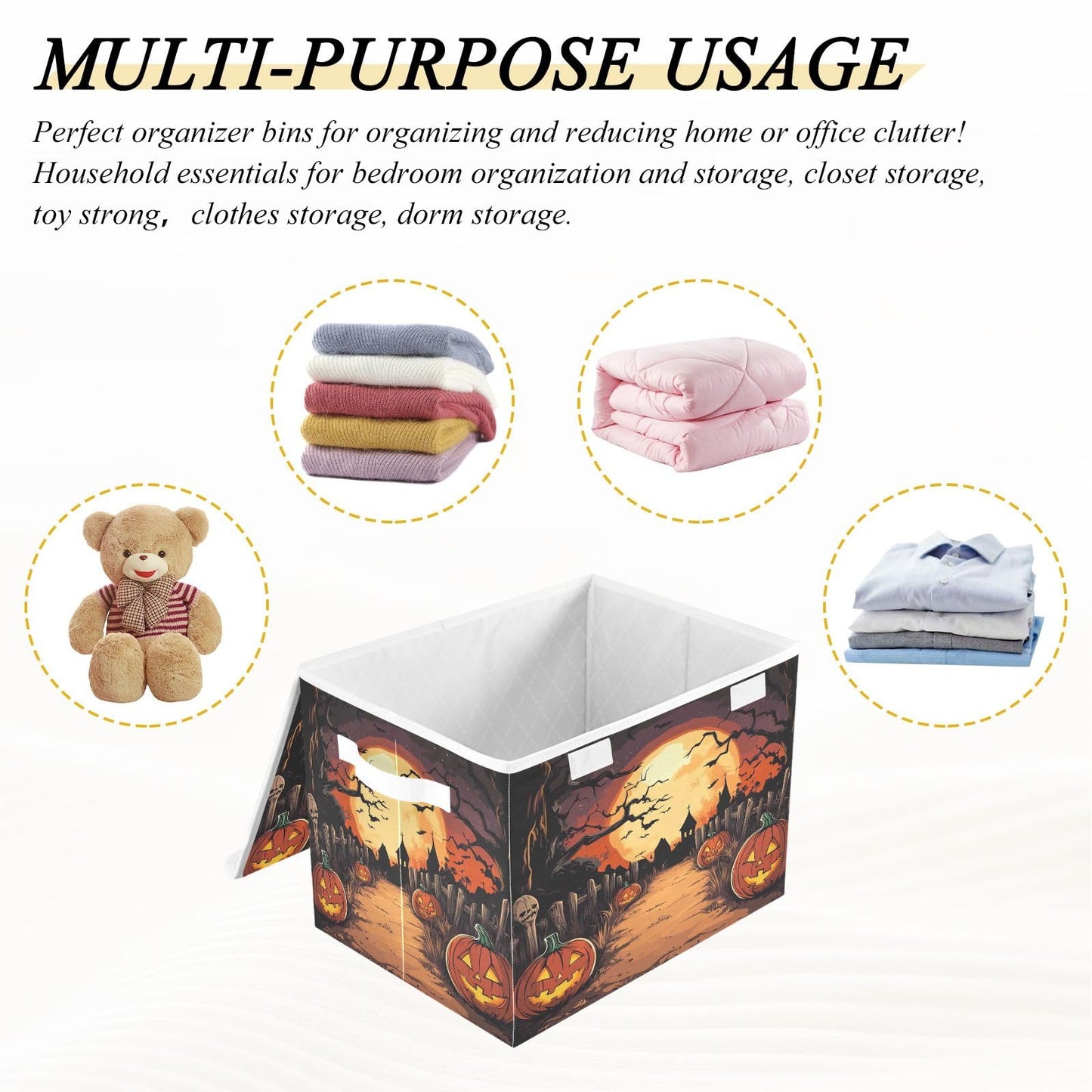 Bolaz Storage Bins with Lids and Handles,Halloween Night Pumpkin Skull Storage Box Storage Basket with Cover Collapsible Organizer Containers for Home Closet, Shelves