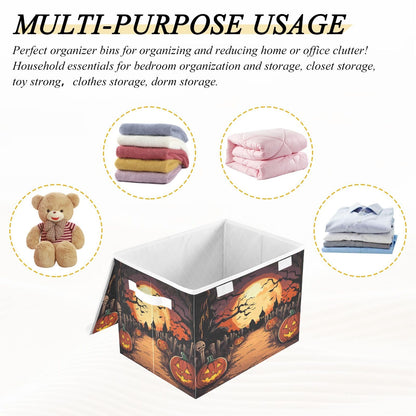 Bolaz Storage Bins with Lids and Handles,Halloween Night Pumpkin Skull Storage Box Storage Basket with Cover Collapsible Organizer Containers for Home Closet, Shelves