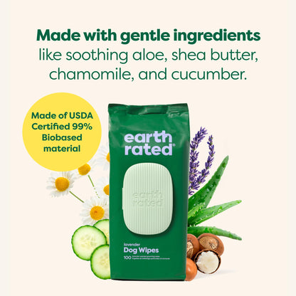 Earth Rated Dog Wipes, Hypoallergenic, Cleaning and Hydrating, for Grooming Paws, Body and Butt, Lavender Scented, 100 Count