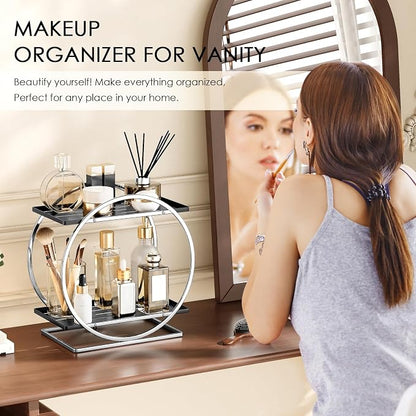 Bathroom Counter Organizer, Silver Black Perfume Organizer for Dresser, 2-Tier Bathroom Organizers and Storage, Exquisite Makeup Organizer Countertop Vanity Tray for Perfume Cosmetic Skincare
